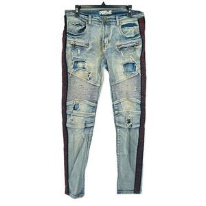 Preme Men’s Light Wash Rhinestone Side Stripe Moto Denim Skinny Jeans Size 32